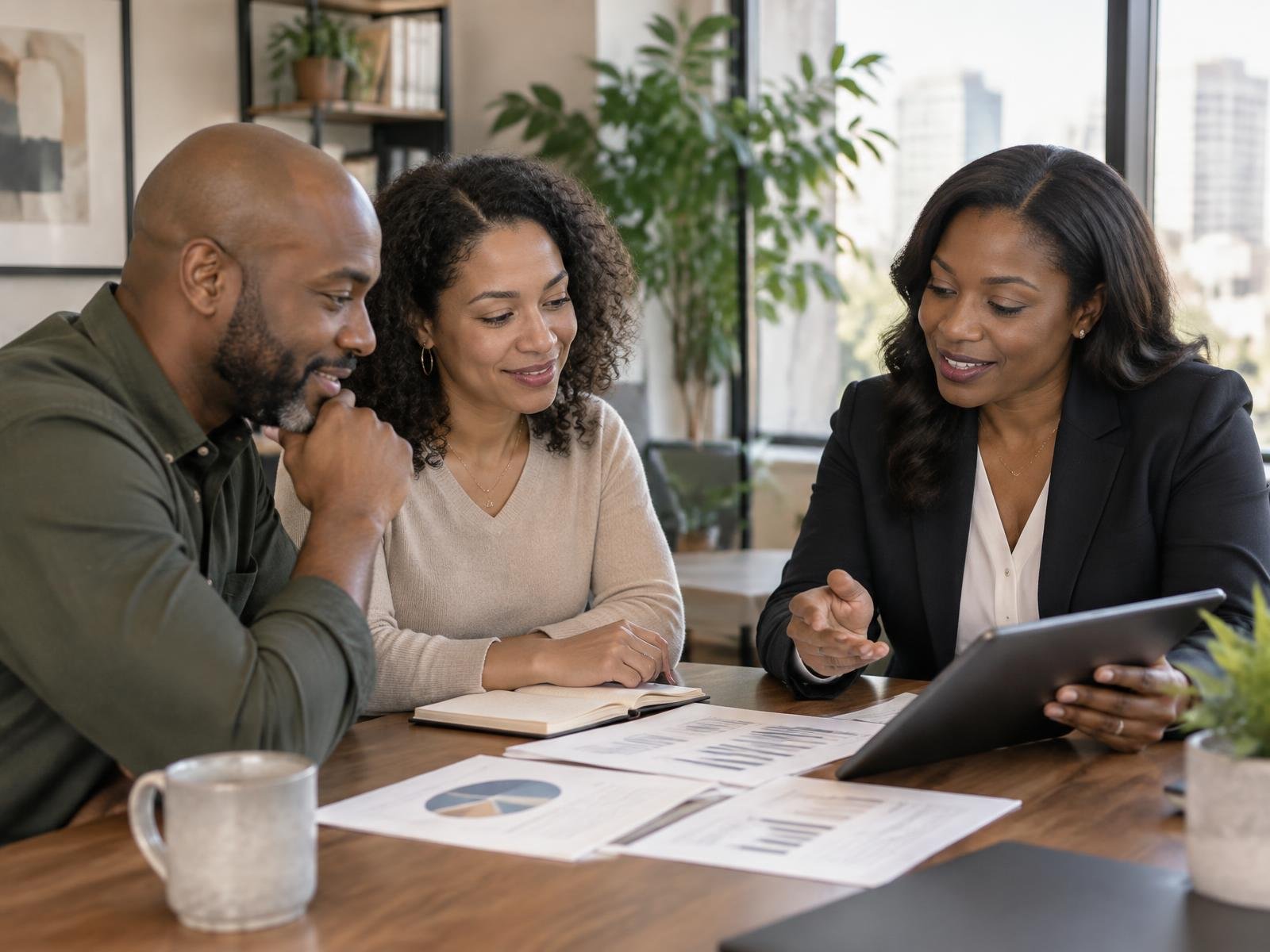 A financial advisor meeting with clients